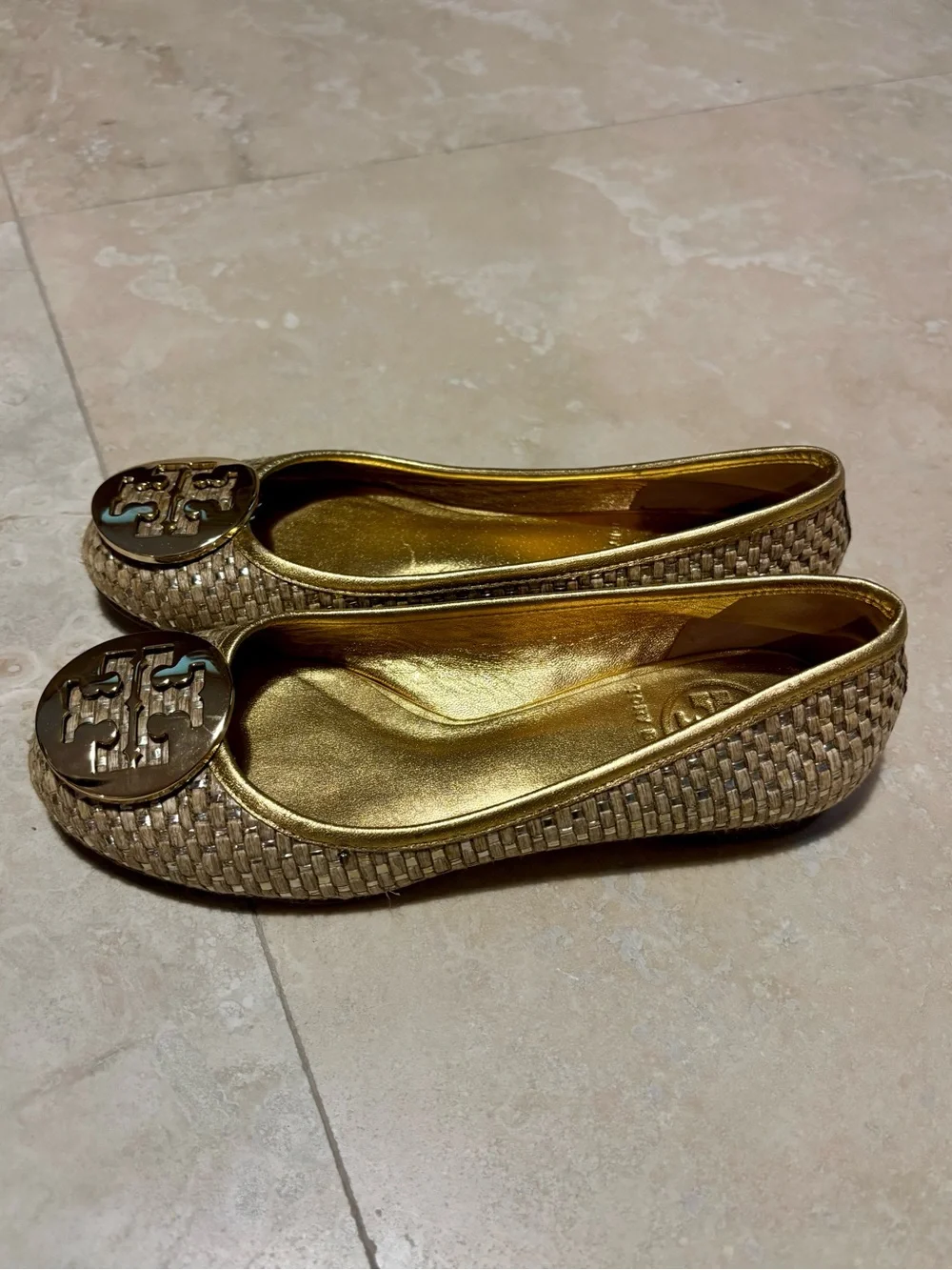 Tory Burch Reva Gold Woven Medallion Logo Leather Ballet Flats size 5